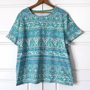 Talbots Tee Floral Shirt Womens 3X Blue Knit Stretch Short Sleeve Top Casual